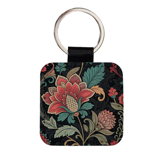 Damask Pretty On Black Square Faux Leather Keychain