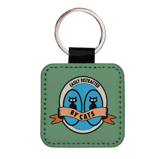 Easily Distracted By Cats Square Faux Leather Keychain