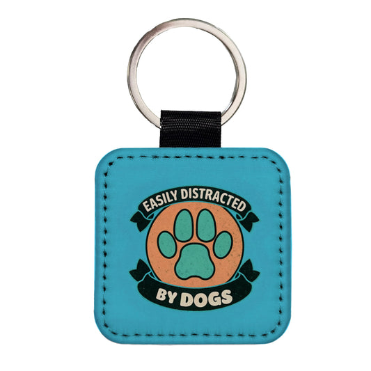 Easily Distracted By Dogs Square Faux Leather Keychain