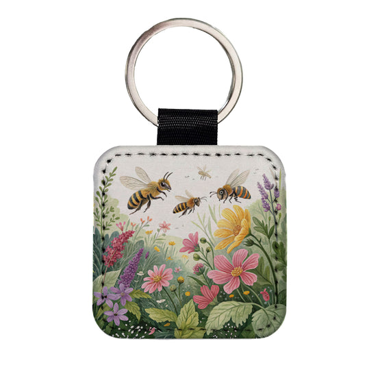 Flying Bees Flowers Square Faux Leather Keychain