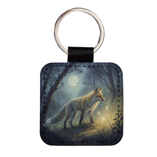 Fox At Night Square Faux Leather Keychain