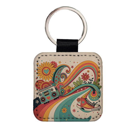 Groovy Design 70's Square Faux Leather Keychain