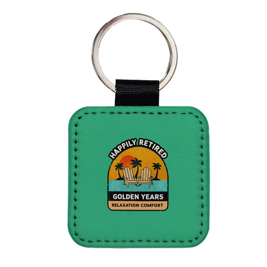 Happily Retired Retirement Square Faux Leather Keychain