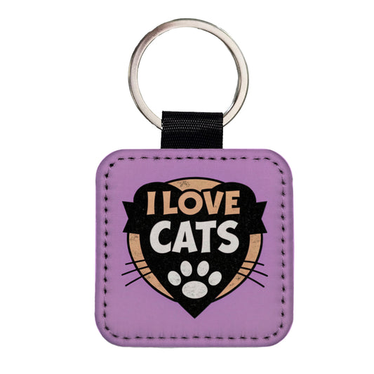 I Love Cats Square Faux Leather Keychain