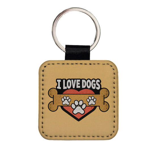 I Love Dogs Bone Paw Prints Square Faux Leather Keychain