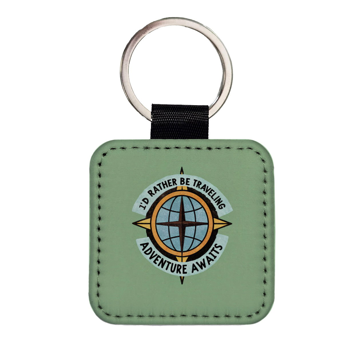I'd Rather Be Traveling Adventure Square Faux Leather Keychain