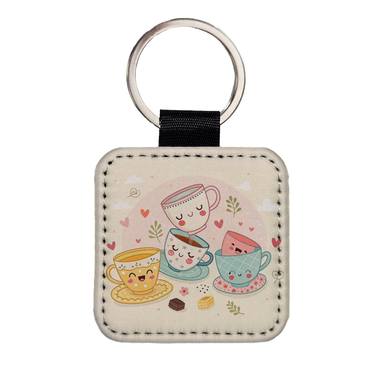 Kawaii Happy Tea Cups Square Faux Leather Keychain