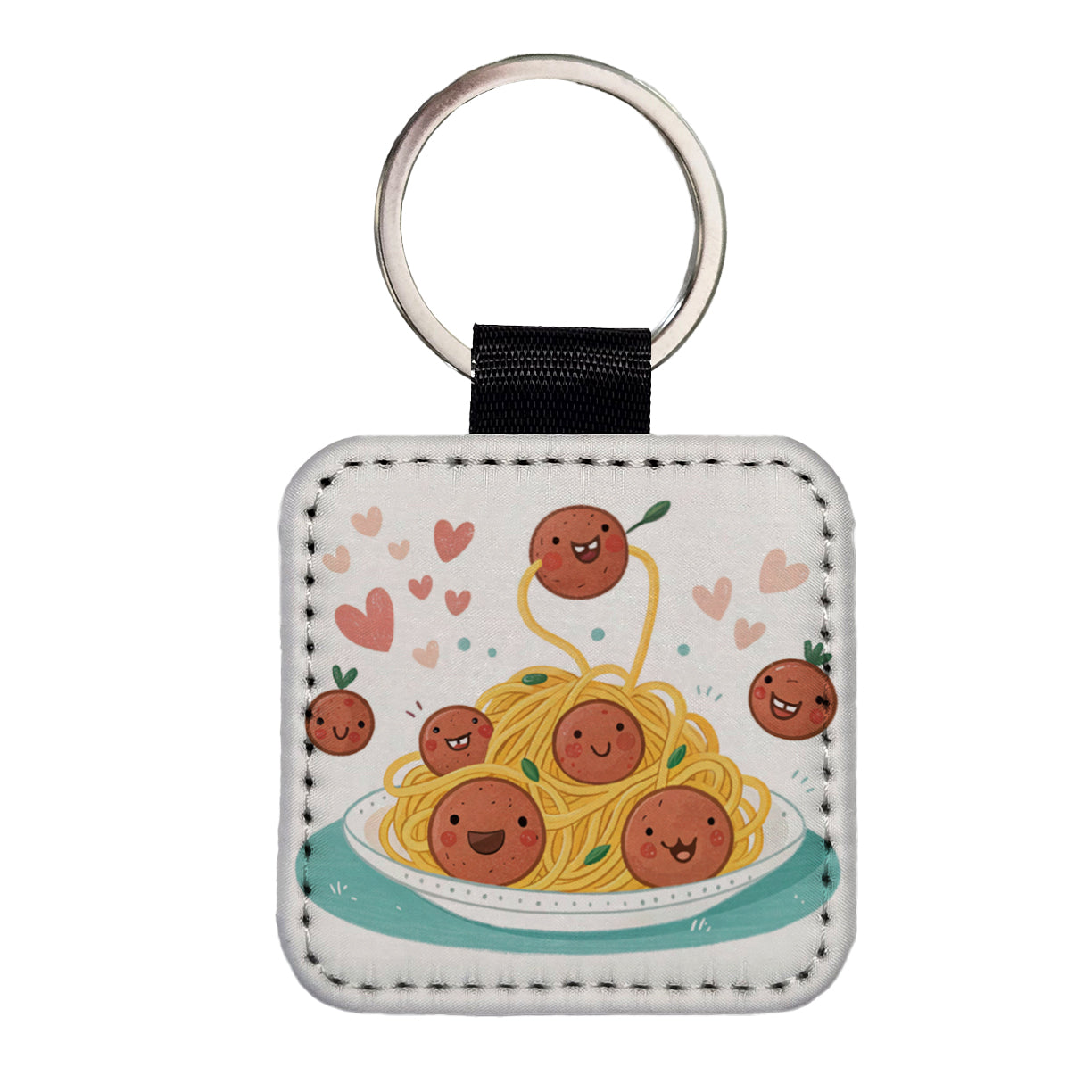 Kawaii Spaghetti And Meatballs Pasta Square Faux Leather Keychain