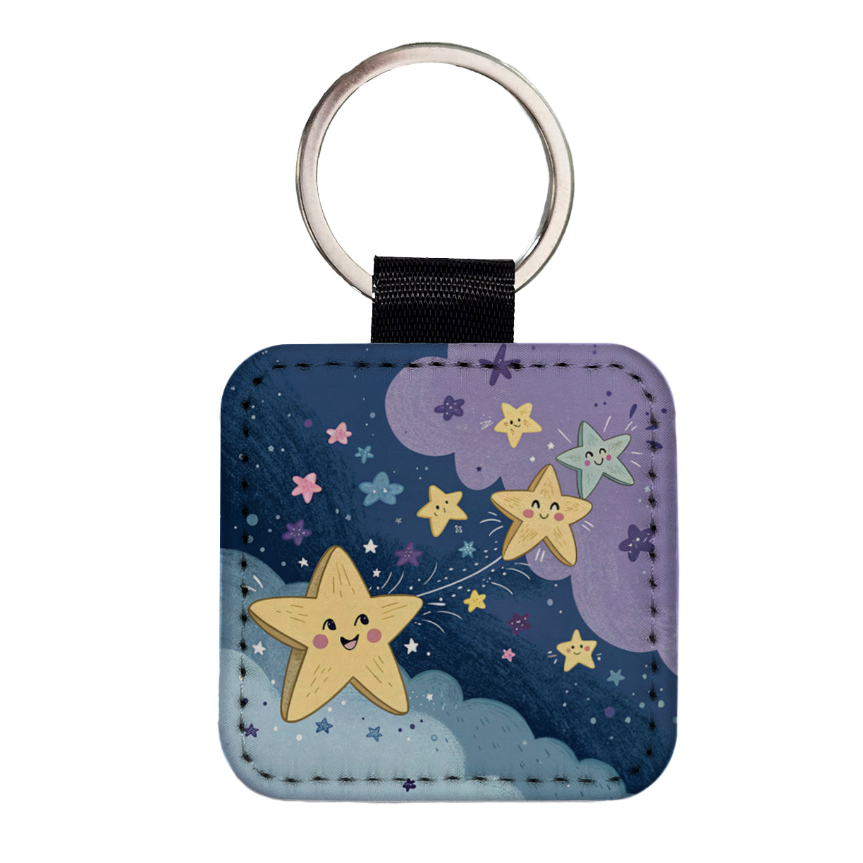 Kawaii Stars In Space Square Faux Leather Keychain