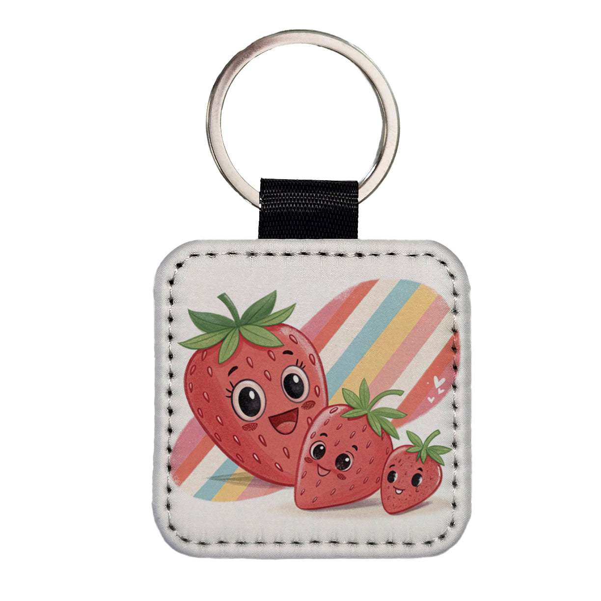 Kawaii Strawberries Diagonal Stripes Square Faux Leather Keychain