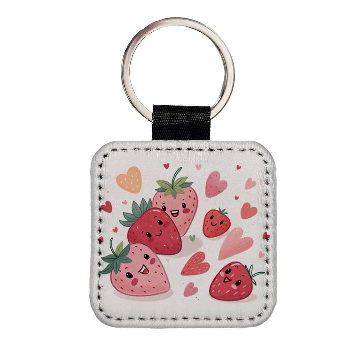 Kawaii Strawberries Hearts Square Faux Leather Keychain