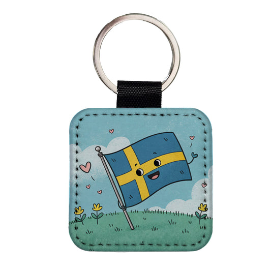 Kawaii Sweden Flag Square Faux Leather Keychain
