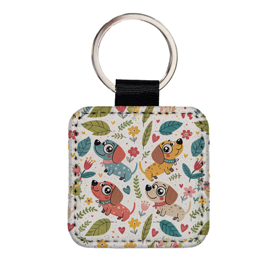 Kawaii Sweet Dogs Square Faux Leather Keychain