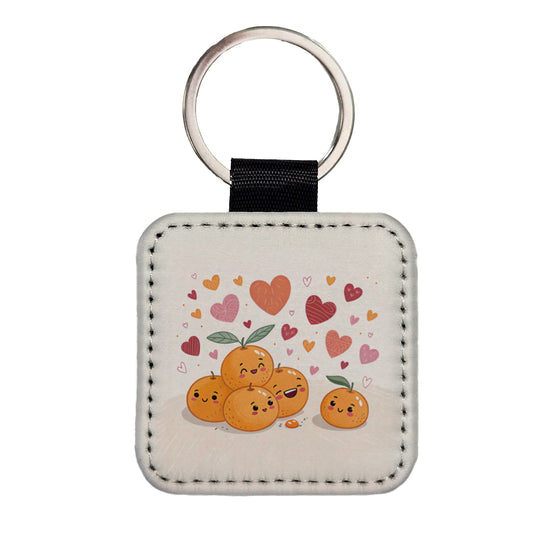 Kawaii Tangerines Hearts Square Faux Leather Keychain