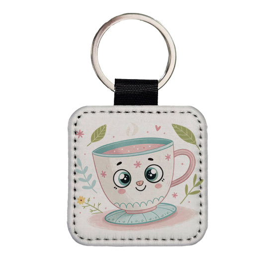 Kawaii Tea Cup Square Faux Leather Keychain