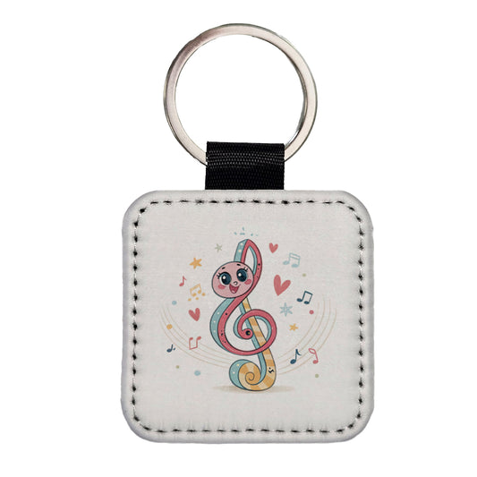 Kawaii Treble Clef Music Square Faux Leather Keychain