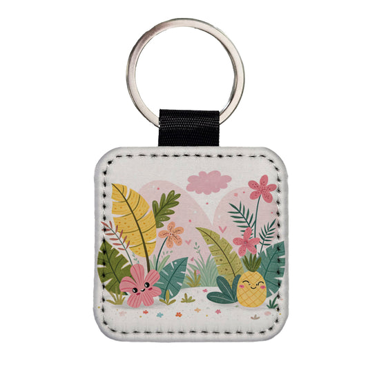 Kawaii Tropical Plants Square Faux Leather Keychain