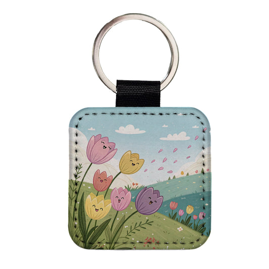Kawaii Tulips Flowers Square Faux Leather Keychain