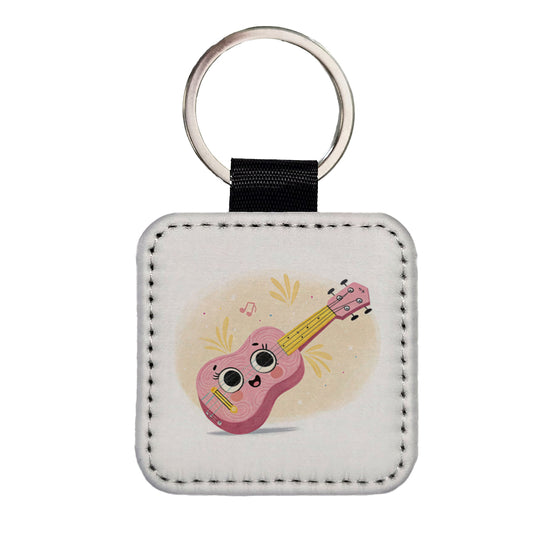 Kawaii Ukulele Pink Music Square Faux Leather Keychain