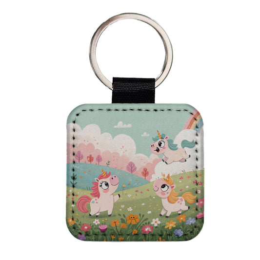 Kawaii Unicorns Square Faux Leather Keychain