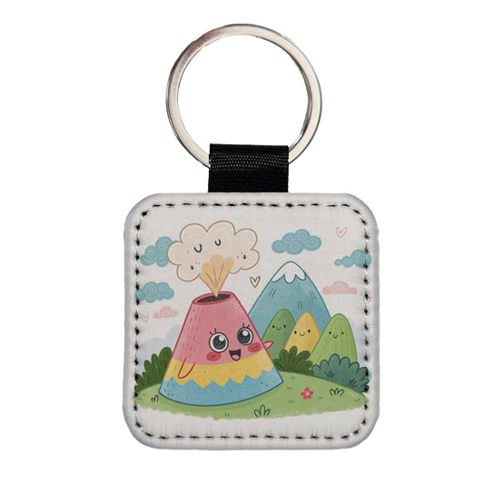Kawaii Volcano Square Faux Leather Keychain