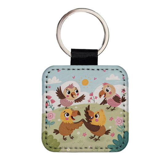 Kawaii Vultures Birds Square Faux Leather Keychain