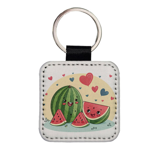Kawaii Watermelon Hearts Square Faux Leather Keychain