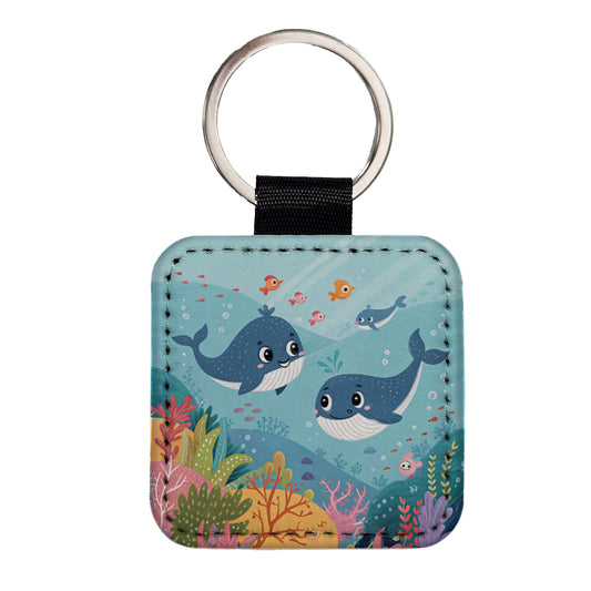 Kawaii Whales Square Faux Leather Keychain