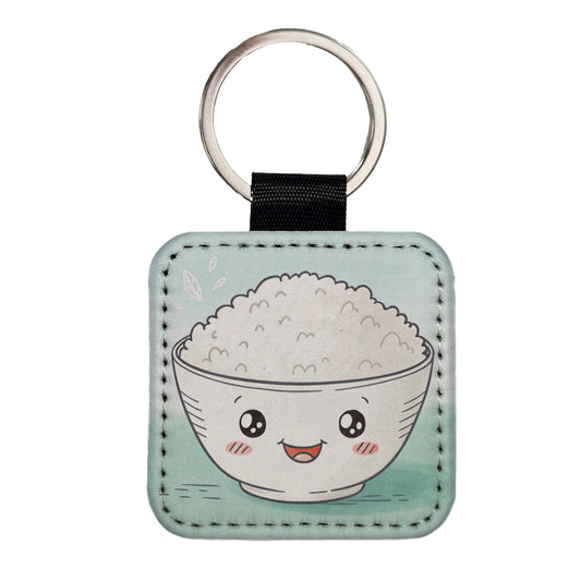 Kawaii White Rice Bowl Square Faux Leather Keychain