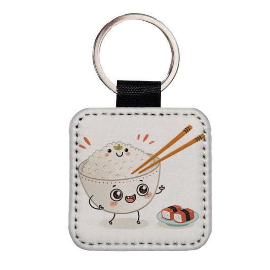Kawaii White Rice Chopsticks Sushi Square Faux Leather Keychain