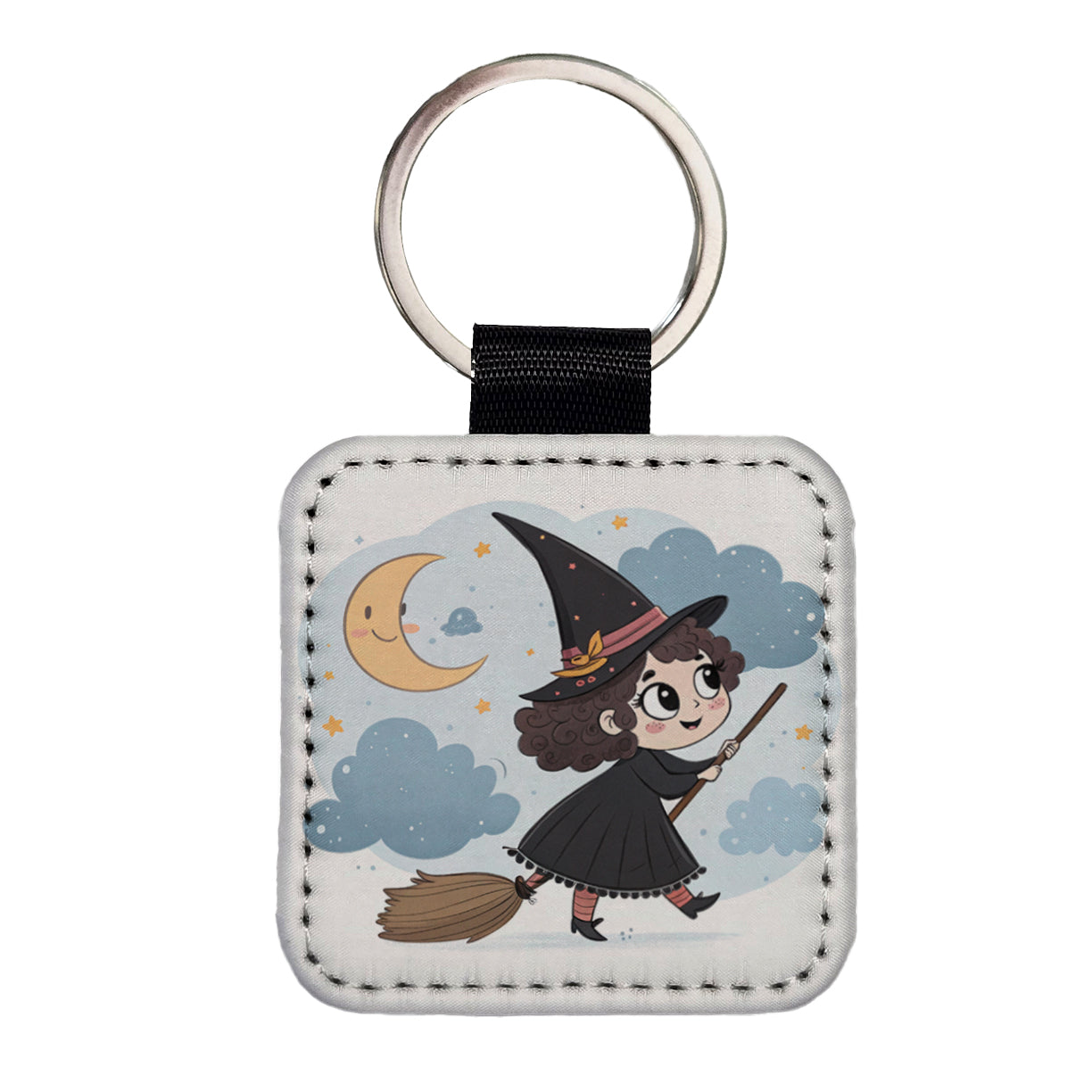 Kawaii Witch Broom Halloween Square Faux Leather Keychain