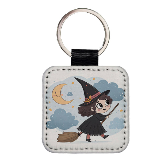 Kawaii Witch Broom Halloween Square Faux Leather Keychain