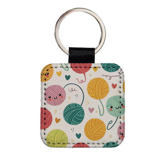 Kawaii Yarn Balls Knitting Crochet Square Faux Leather Keychain