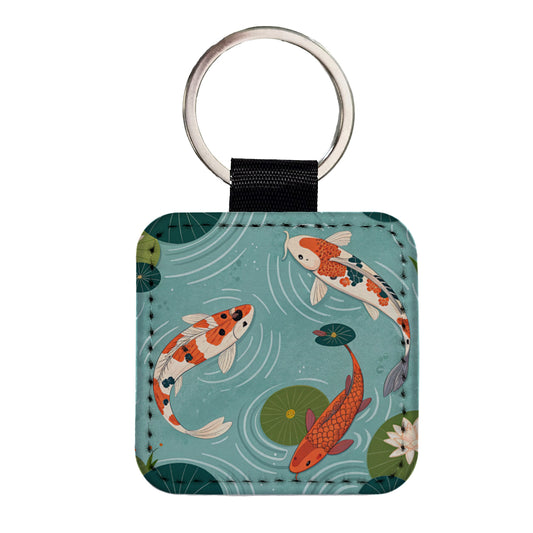 Koi Fish Swimming In Pond Square Faux Leather Keychain