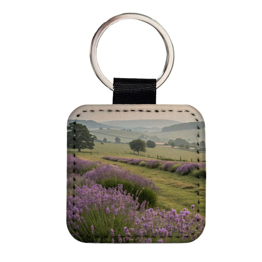 Lavender Flowers Field Square Faux Leather Keychain