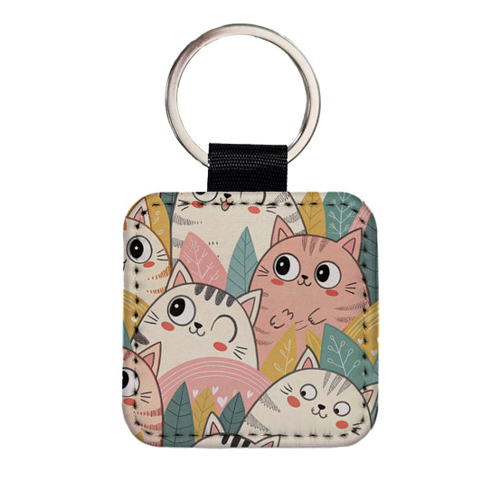 Lots Of Kawaii Adorable Cats Square Faux Leather Keychain