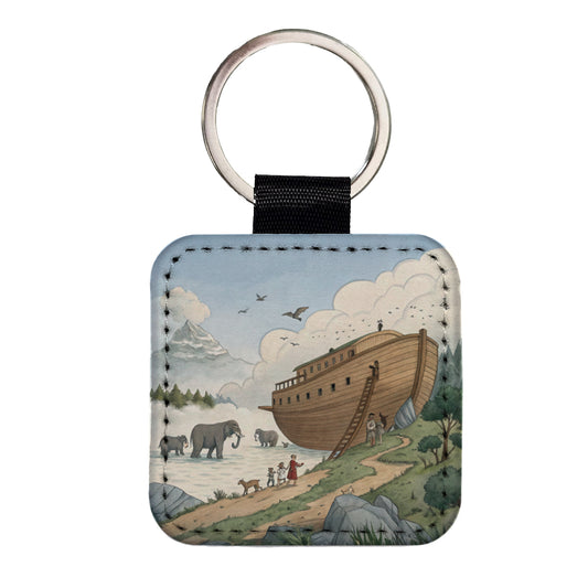 Noah's Ark Animals Square Faux Leather Keychain