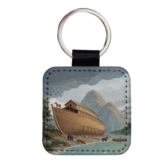 Noah's Ark Drawing Square Faux Leather Keychain