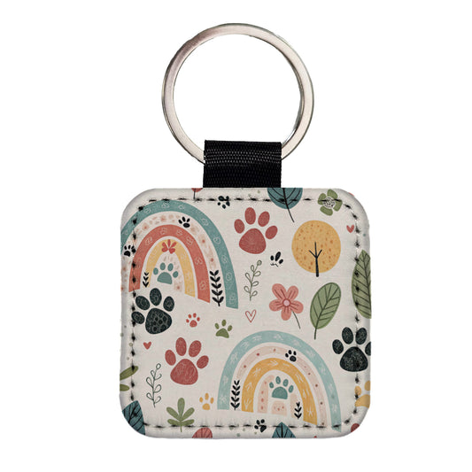 Paw Prints Cute Rainbows Square Faux Leather Keychain
