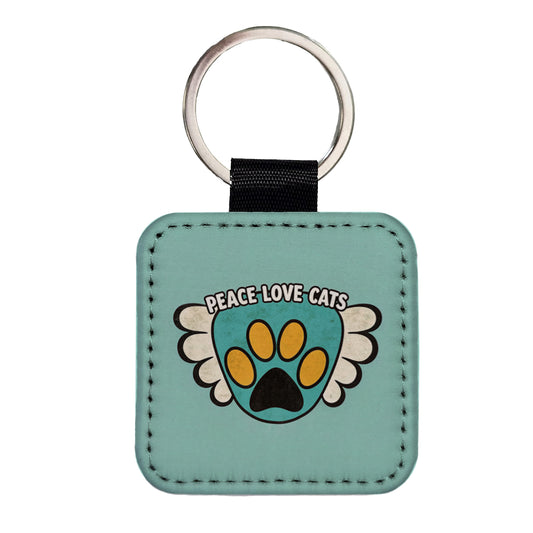 Peace Love Cats Cute Square Faux Leather Keychain