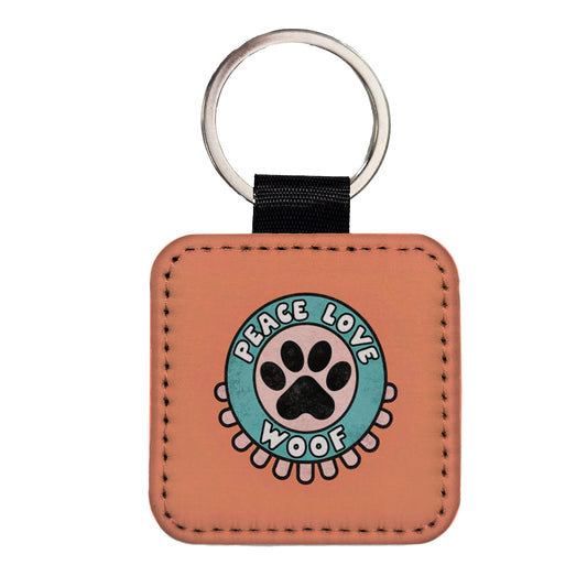 Peace Love Woof Dogs Paw Print Square Faux Leather Keychain