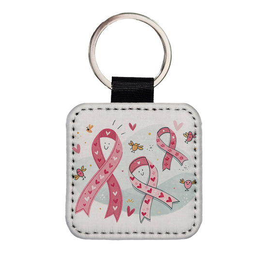 Pink Cancer Awareness Ribbons Square Faux Leather Keychain