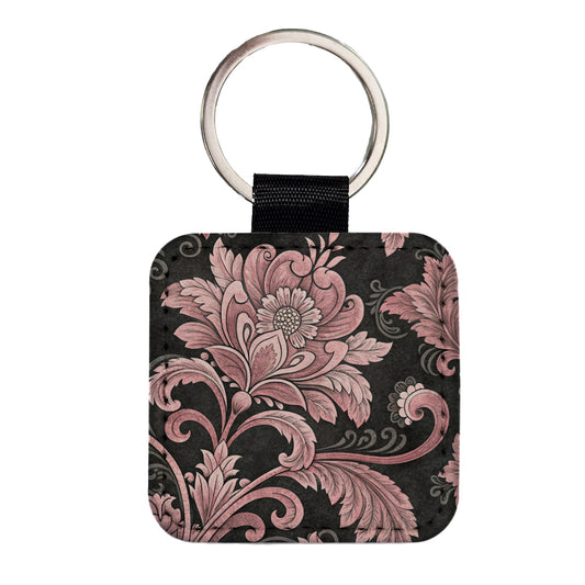 Pink Damask On Black Square Faux Leather Keychain