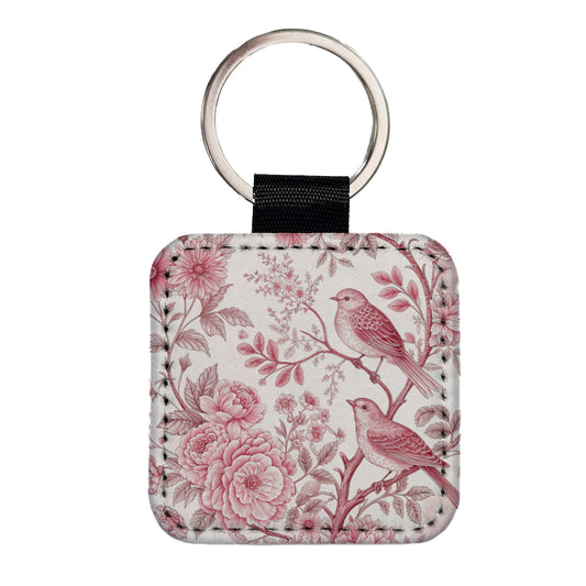 Pink On White Toile With Birds Square Faux Leather Keychain