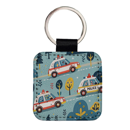 Police Cars Cute Square Faux Leather Keychain