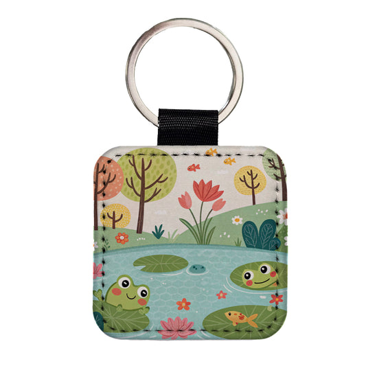 Pond And Frogs Square Faux Leather Keychain