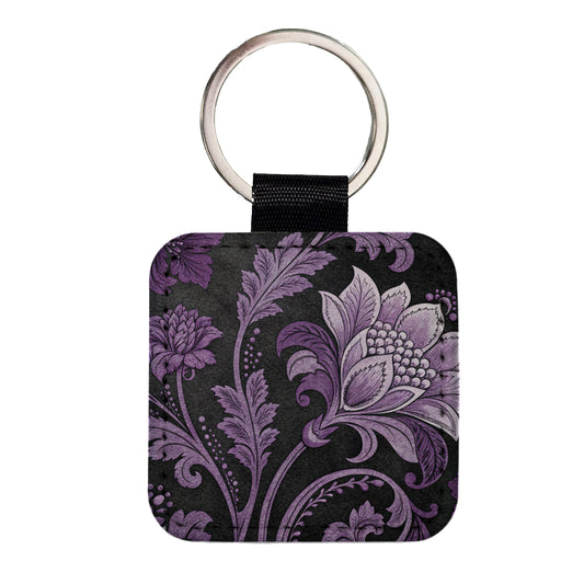 Purple Damask On Black Square Faux Leather Keychain