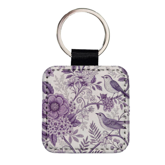 Purple On White Toile With Birds Square Faux Leather Keychain