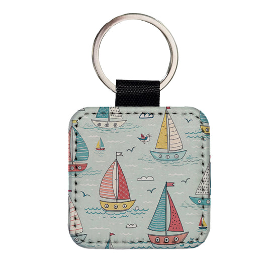 Sailboats Scattered Square Faux Leather Keychain