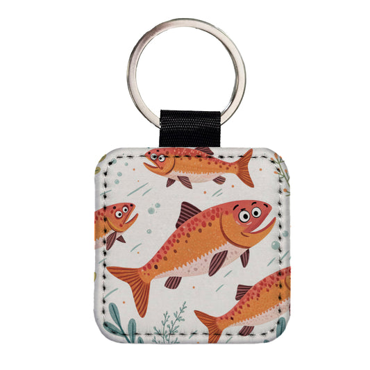 Salmon Fish Fishing Cute Square Faux Leather Keychain